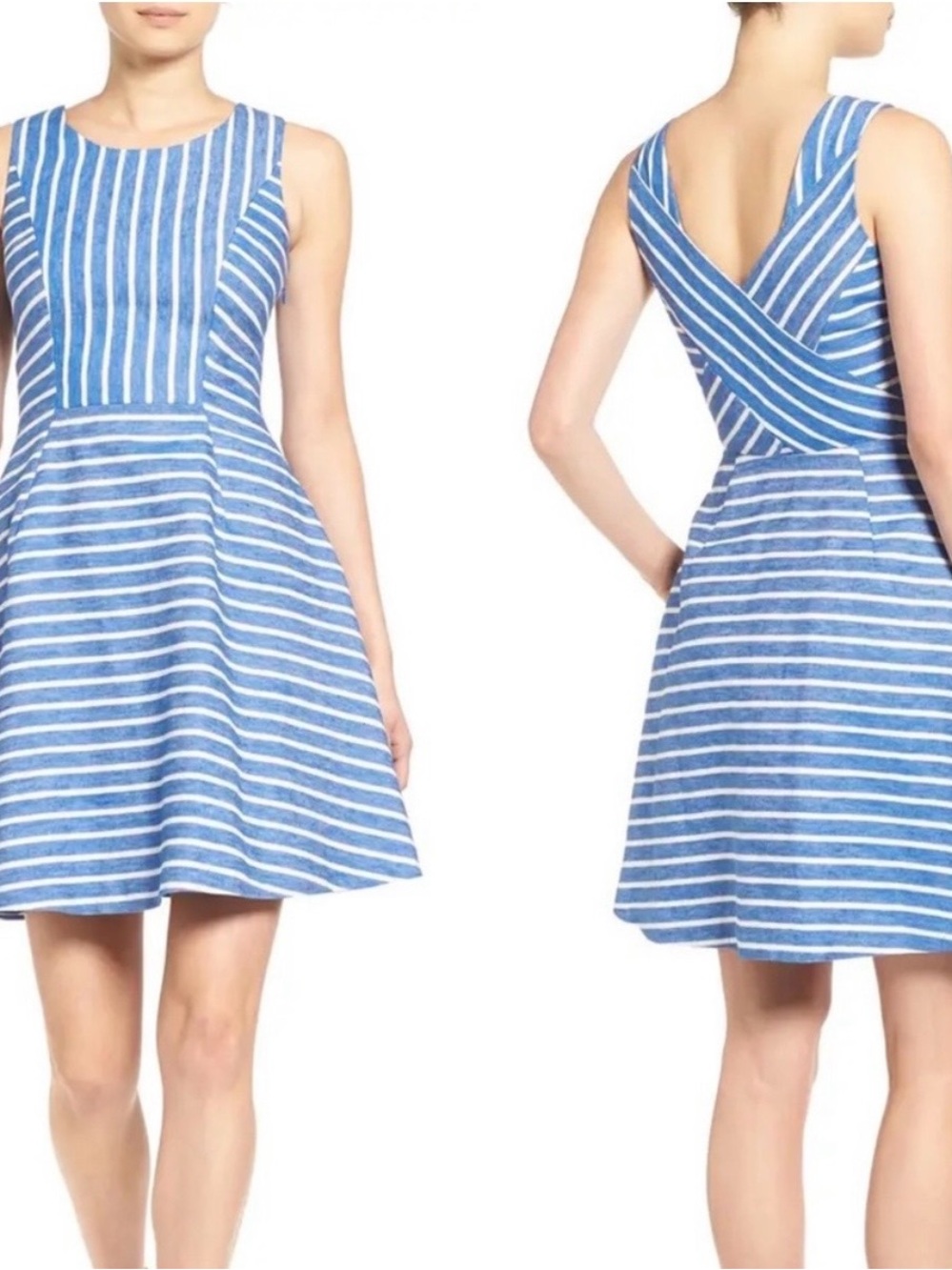🛍️Vineyard Vines Blue and White Striped Sleeveless A-Line Linen Dress - Picture 11 of 11